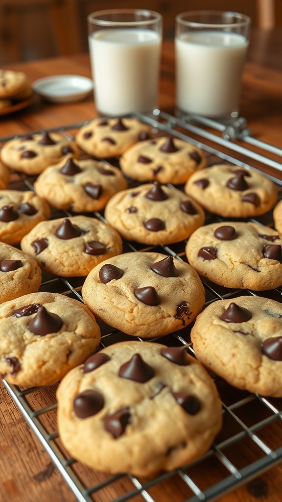 Warm chocolate chip cookies cooling on a rack with a glass of milk.